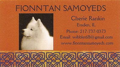 Business card for Fionntan Samoyeds
